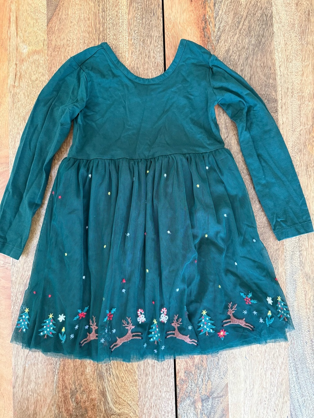 Hanna Andersson Green Long-Sleeve Tulle Dress with Holiday Embroidery